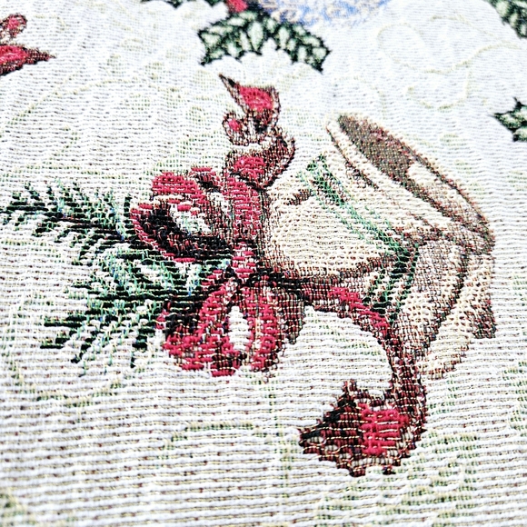 Christmas Holiday Lined Tablerunner with Tassle Ends Poinsettias Jingle Bells Or - Picture 5 of 16